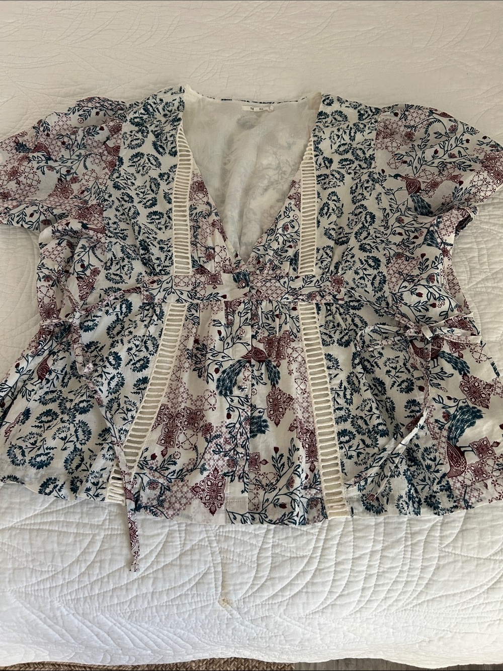 Tularosa Cream Peplum Blouse with Blue & Burgundy Floral